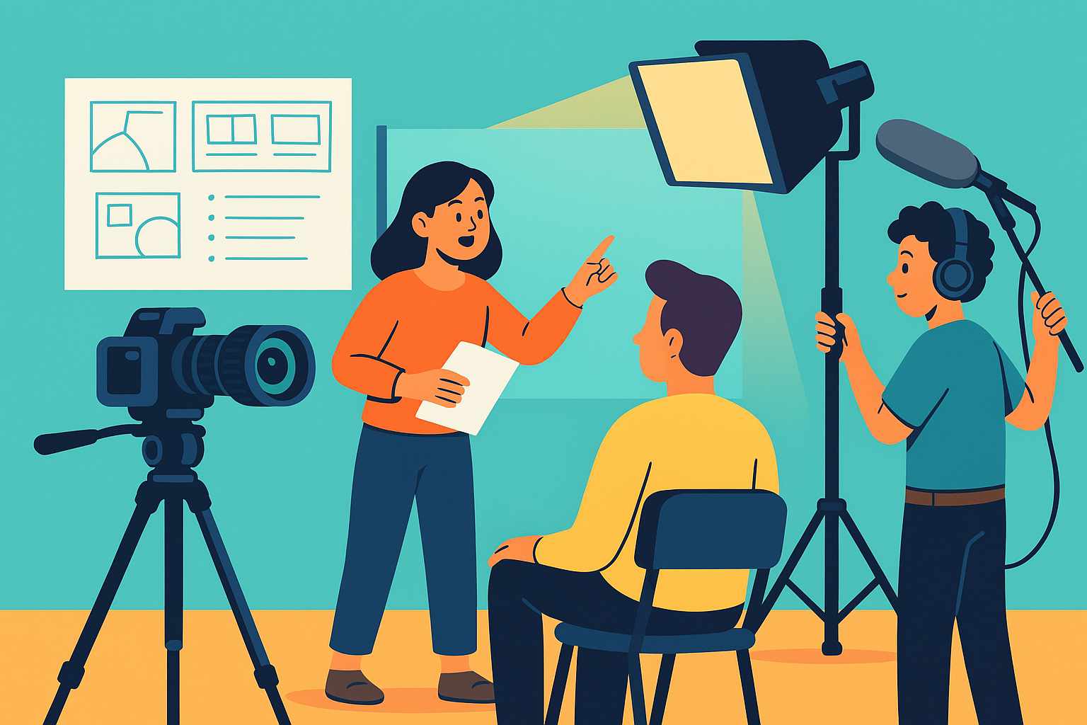 Cartoon illustration of a film-set production scene